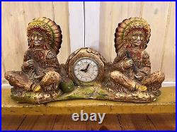 Lanshire Chalkware Electric Clock Indian Native American Chiefs Working Orig Tag