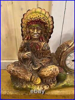 Lanshire Chalkware Electric Clock Indian Native American Chiefs Working Orig Tag