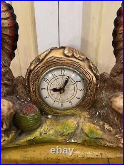 Lanshire Chalkware Electric Clock Indian Native American Chiefs Working Orig Tag