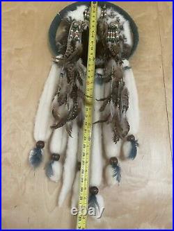 Large Authentic Native American Dreamcatcher Rabbit Pheasant Wool Mandala