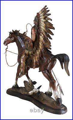 Large Indian Chief With Headdress Feathered Coup Staff Shield On Horse Statue