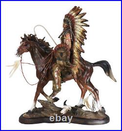 Large Indian Chief With Headdress Feathered Coup Staff Shield On Horse Statue
