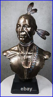 Large Tribal Native American Indian Warrior With Eagle Feather Bust Statue Decor