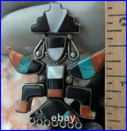 Large Vintage Zuni Art Handmade Sterling Multi Gem Inlay Knifewing Brooch Pin