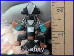 Large Vintage Zuni Art Handmade Sterling Multi Gem Inlay Knifewing Brooch Pin