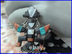Large Vintage Zuni Art Handmade Sterling Multi Gem Inlay Knifewing Brooch Pin