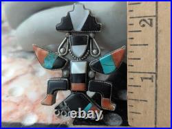 Large Vintage Zuni Art Handmade Sterling Multi Gem Inlay Knifewing Brooch Pin