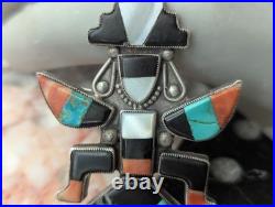 Large Vintage Zuni Art Handmade Sterling Multi Gem Inlay Knifewing Brooch Pin