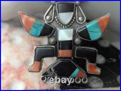 Large Vintage Zuni Art Handmade Sterling Multi Gem Inlay Knifewing Brooch Pin