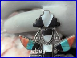 Large Vintage Zuni Art Handmade Sterling Multi Gem Inlay Knifewing Brooch Pin