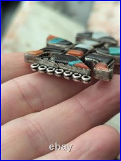 Large Vintage Zuni Art Handmade Sterling Multi Gem Inlay Knifewing Brooch Pin