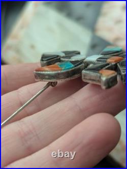Large Vintage Zuni Art Handmade Sterling Multi Gem Inlay Knifewing Brooch Pin