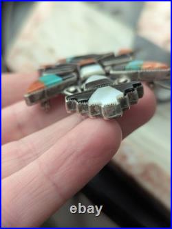 Large Vintage Zuni Art Handmade Sterling Multi Gem Inlay Knifewing Brooch Pin