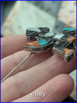 Large Vintage Zuni Art Handmade Sterling Multi Gem Inlay Knifewing Brooch Pin