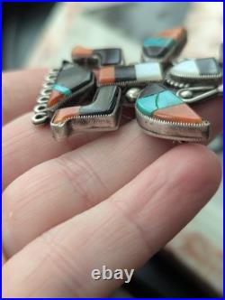 Large Vintage Zuni Art Handmade Sterling Multi Gem Inlay Knifewing Brooch Pin