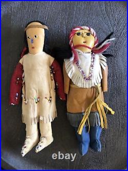 Lot Of 2 Antique 1930's Native American Indian Buckskin Souvenir Leather Dolls