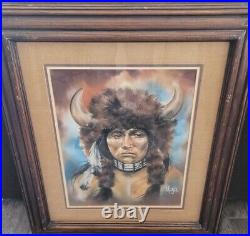 Maija Framed Pastel Indian Warrior Portrait Native American Buffalo Headdress