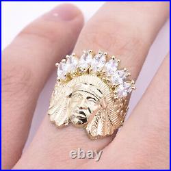 Men's Native American Indian Head All White CZ Solid 10K Yellow Gold ALL SIZES