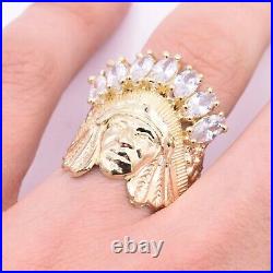 Men's Native American Indian Head All White Solid 10K Yellow Gold ALL SIZES