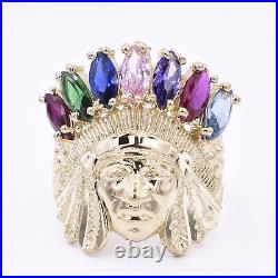 Men's Native American Indian Head D/C Rainbow Solid 10K Yellow Gold ALL SIZES