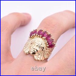 Men's Native American Indian Head Ruby Red CZ Solid 10K Yellow Gold ALL SIZES