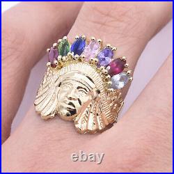 Men's Native American Indian Rainbow CZ Solid 10K Yellow Gold ALL SIZES
