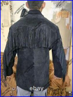 Mens Indian Native American Buckskin Suede Black Leather War Shirt