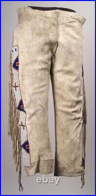 Mens Native American Cowboy Genuine Suede Leather Fringe Pants Long Beads PLB06