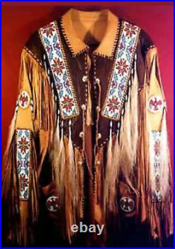 Mens Native American Western Wear Brown Suede Red Indian Leather Jacket Fringes