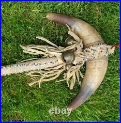 NATIVE AMERICAN HORN DANCE WAND, DANCE STICK, WAR CLUB, Dakota Sioux