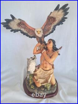 NATIVE AMERICAN INDIAN with EAGLE, WOLF STATUE Resin 19 tall