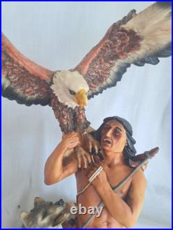 NATIVE AMERICAN INDIAN with EAGLE, WOLF STATUE Resin 19 tall