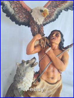 NATIVE AMERICAN INDIAN with EAGLE, WOLF STATUE Resin 19 tall