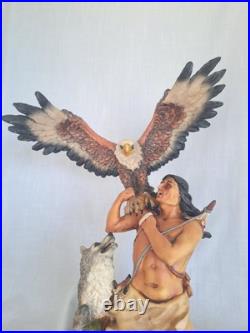 NATIVE AMERICAN INDIAN with EAGLE, WOLF STATUE Resin 19 tall