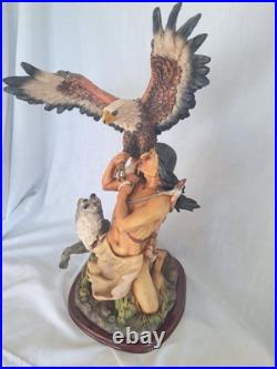 NATIVE AMERICAN INDIAN with EAGLE, WOLF STATUE Resin 19 tall
