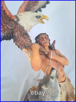NATIVE AMERICAN INDIAN with EAGLE, WOLF STATUE Resin 19 tall