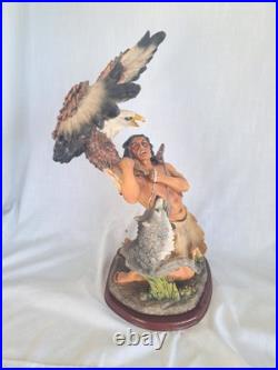 NATIVE AMERICAN INDIAN with EAGLE, WOLF STATUE Resin 19 tall