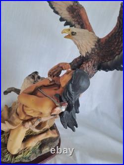 NATIVE AMERICAN INDIAN with EAGLE, WOLF STATUE Resin 19 tall