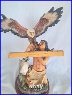 NATIVE AMERICAN INDIAN with EAGLE, WOLF STATUE Resin 19 tall