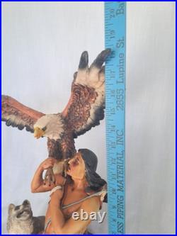 NATIVE AMERICAN INDIAN with EAGLE, WOLF STATUE Resin 19 tall