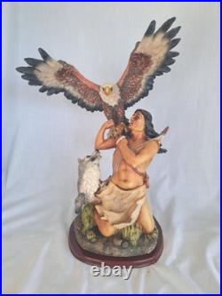 NATIVE AMERICAN INDIAN with EAGLE, WOLF STATUE Resin 19 tall