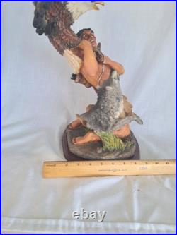 NATIVE AMERICAN INDIAN with EAGLE, WOLF STATUE Resin 19 tall