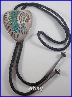 NATIVE AMERICAN TW WHITMAN SILVER BOA TIE CHIEF with HEADRESS CRUSHED STONE INLAY