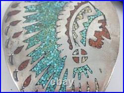 NATIVE AMERICAN TW WHITMAN SILVER BOA TIE CHIEF with HEADRESS CRUSHED STONE INLAY