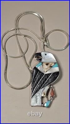 NATIVE AMERICAN ZUNI INDIAN C. D. LEEKITY Huge Eagle on a 925 Italy 30 Chain