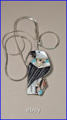 NATIVE AMERICAN ZUNI INDIAN C. D. LEEKITY Huge Eagle on a 925 Italy 30 Chain