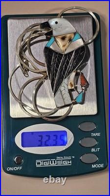 NATIVE AMERICAN ZUNI INDIAN C. D. LEEKITY Huge Eagle on a 925 Italy 30 Chain