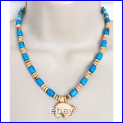 NAVAJO LYLE PIASO 925 Kingman Turquoise Bone Amethyst Beaded Bear Necklace 20