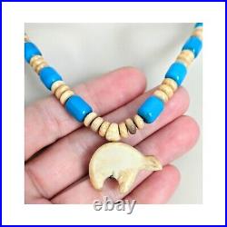 NAVAJO LYLE PIASO 925 Kingman Turquoise Bone Amethyst Beaded Bear Necklace 20