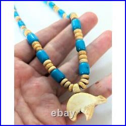 NAVAJO LYLE PIASO 925 Kingman Turquoise Bone Amethyst Beaded Bear Necklace 20